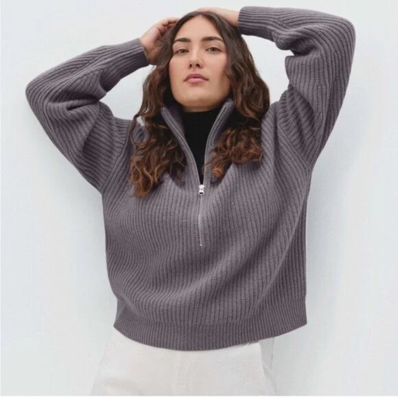 Everlane The Half-Zip Sweater in Luxe Merino -  Plum Grey Medium - Picture 2 of 8